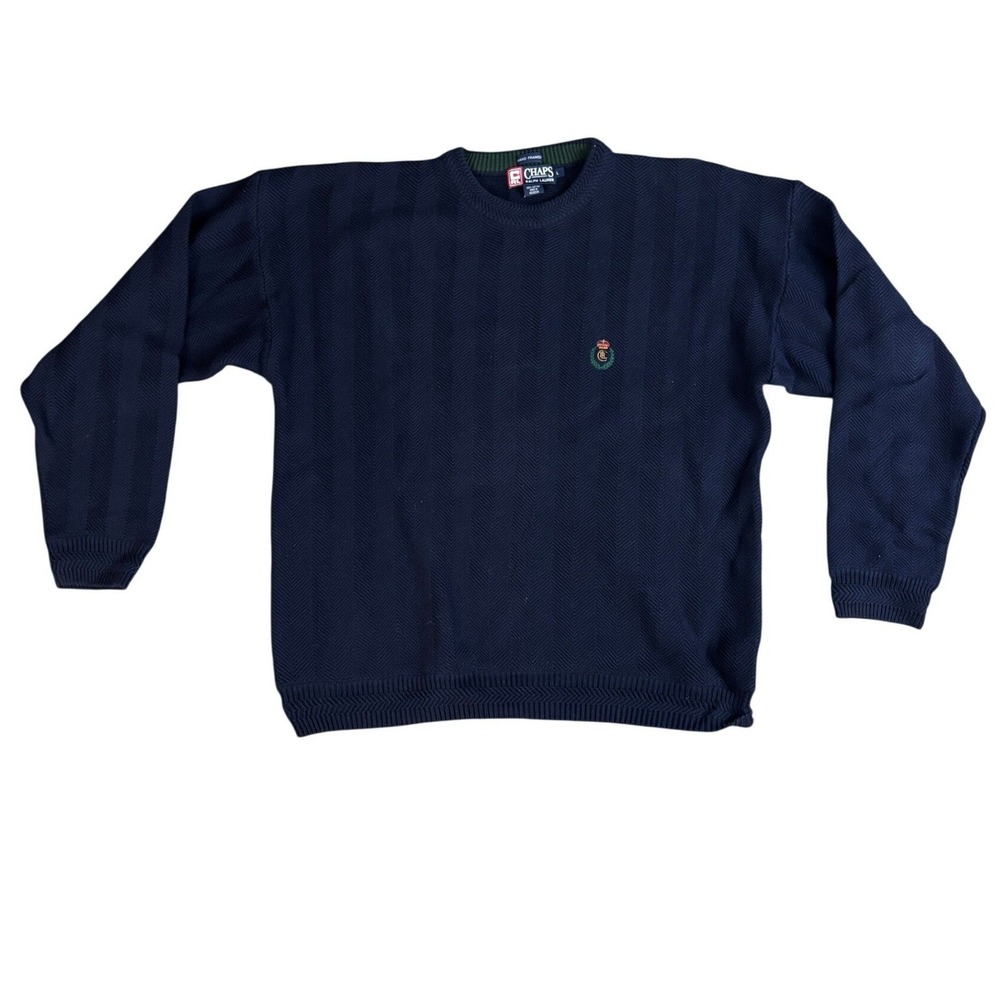 Vtg 90s‎ Chaps Ralph Lauren Sweater Large Navy Crewneck Cotton Herringbone Knit